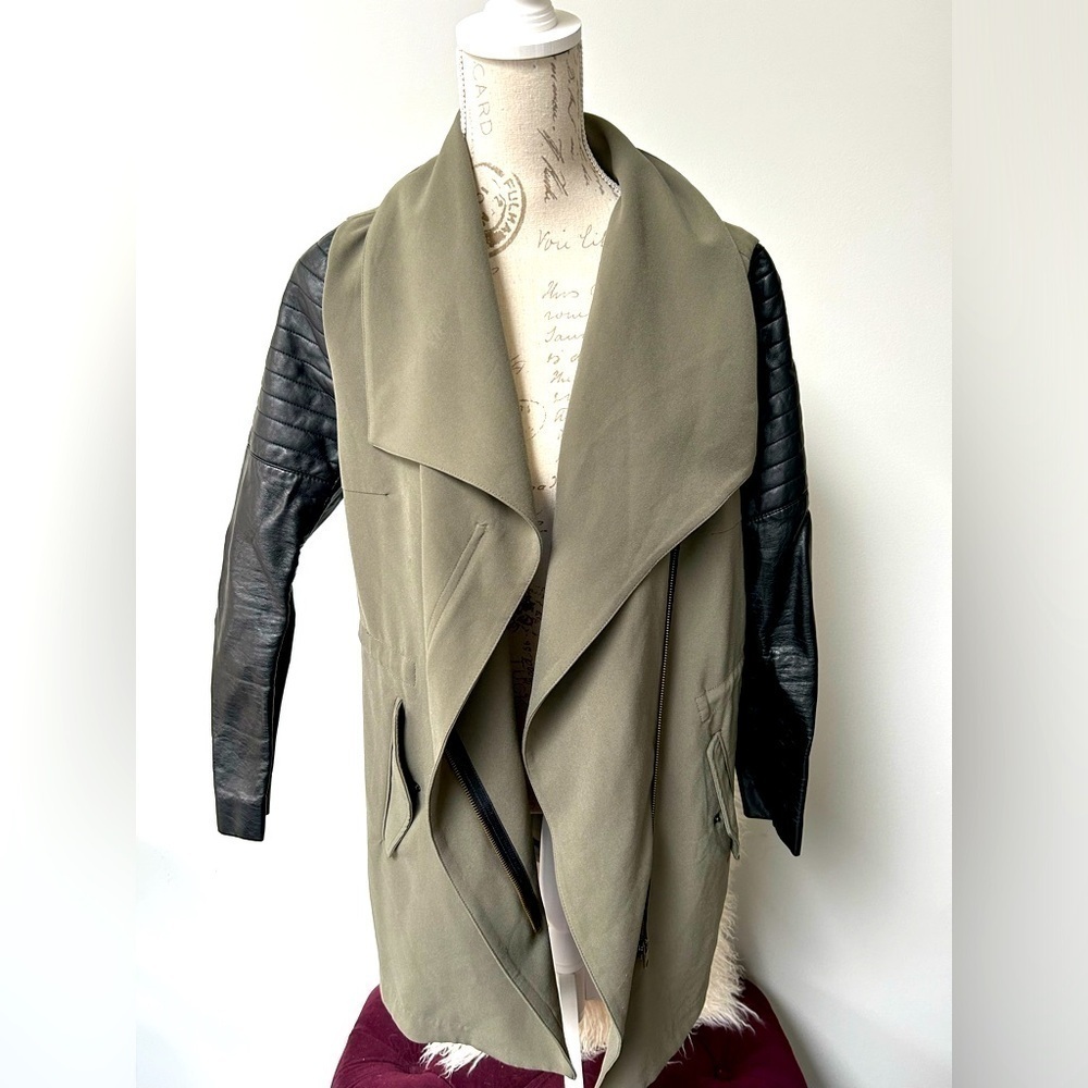Divided waterfall jacket with leather sleeves
